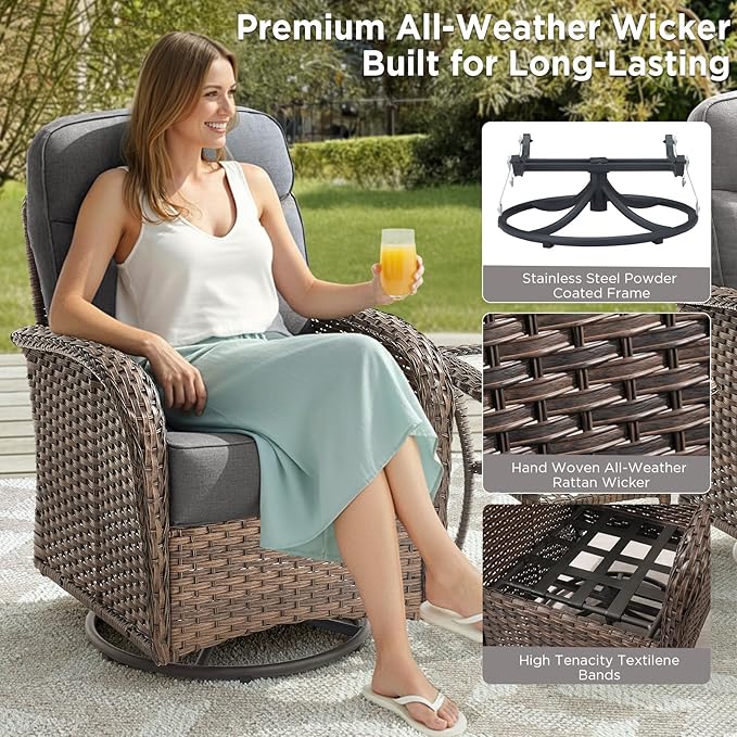 Luxury Outdoor Patio Furniture Set with 6-Inch Thick Cushions, 5 Pieces Wicker Outdoor Furniture with High Back Swivel Patio Chairs Set of 2, Outdoor Conversation Set for Deck Garden Porch, Gray