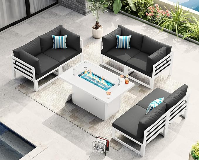 NICESOUL 7 Piece Modern Aluminum Patio Furniture Set with Fire Pit Table, 500 lbs Heavy Duty Outdoor Sectional Sofa, 29" Deep Wide Oversized Seating Conversation Couch for Garden Exterior, Dark Gray