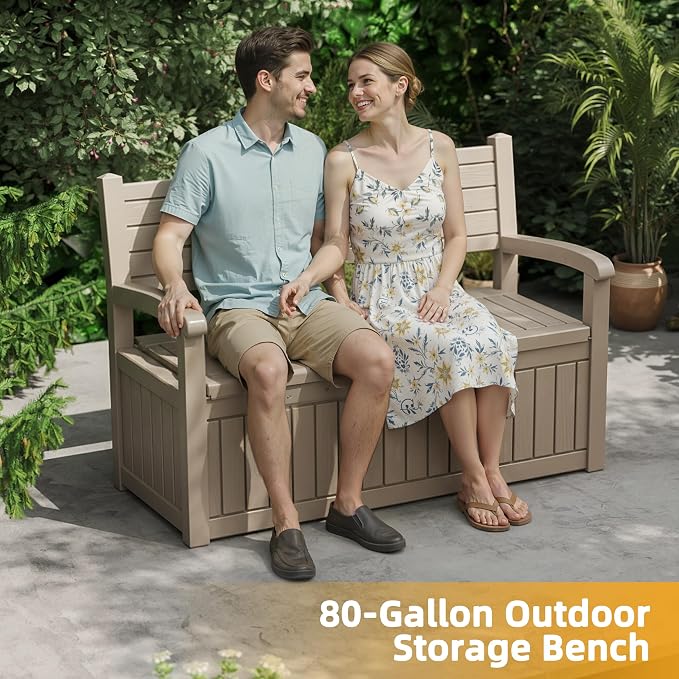 ROJIK 80 Gallon Storage Bench Deck Box Outdoor with Armrests,Wood Grain Style Resin Storage Furniture Waterproof Lockable for Porch Patio and Garden,Sturdy and Durable, Grey