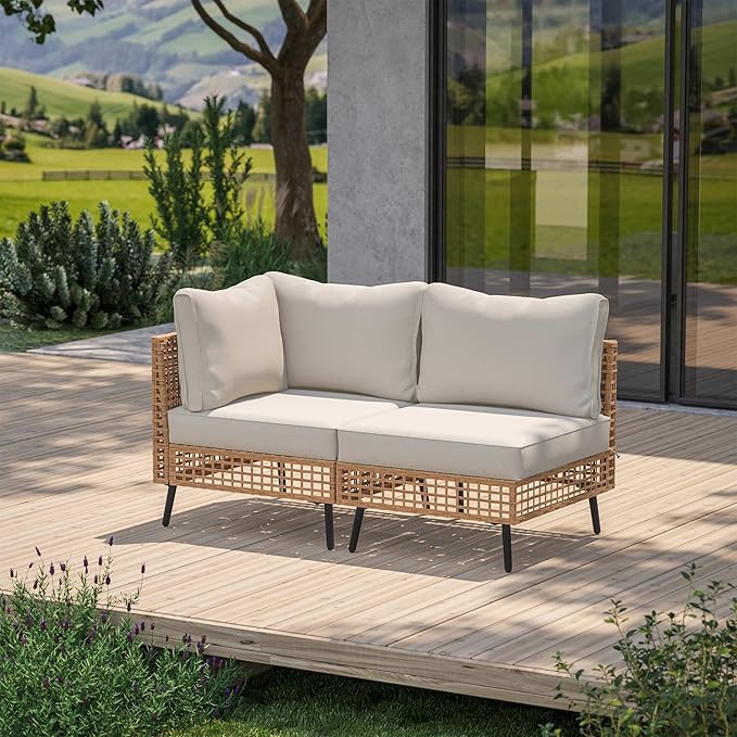 LAUSAINT HOME 2 Pieces Outdoor Sectional Sofa Set, All-Weather PE Wicker Rattan Patio Conversation Set with Thick Cushions & Coffee Table, Patio Furniture Set for Garden, Backyard, Porch (Beige)