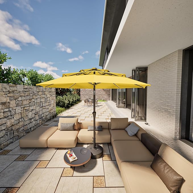 PatioKingdom 9ft 3-Tier Patio Market Umbrella with Crank/Tilt, Commercial Heavy Duty Wind Proof,Outdoor Table Umbrella with 8 Fiberglass Ribs,UPF50+ for Deck,Pool,Garden,Backyard (Yellow)