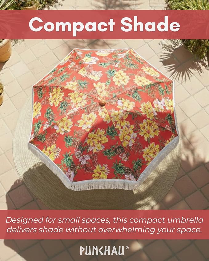 6 Ft Fringe Patio Umbrella - Outdoor Umbrella for Patio, Pool, Table, Garden, Deck, Beach, and Outdoors - Fashionable Boho Vintage Tassels & Wood Print - Push Button Tilt Pole