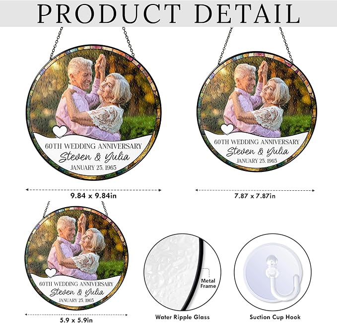 Personalized Wedding Anniversary Photo Stained Glass Window Hanging Suncatcher - Heartfelt Gift for Parents, Grandparents, Old Couple - Custom Message, Name, Date (Wedding Anniversary)