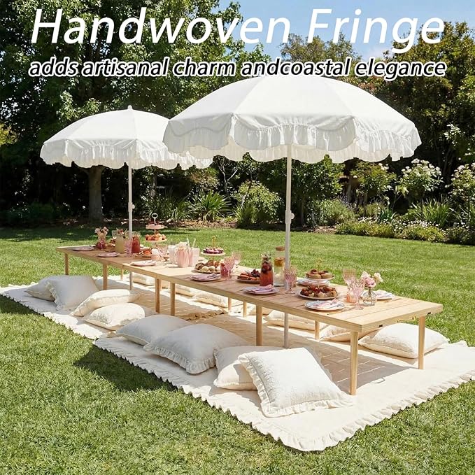 Boho Fringe Beach Umbrella with Extra Large Picnic Blanket Set, 6.5Ft UPF50+ Tassel Ruffles Umbrella 71"x 91" Picnic Blanket for Beach Wedding Bridal Shower Birthday Party Patio Lawn