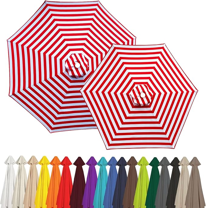 Outdoor Umbrella Replacement Canopy, 6 Ribs 8 Ribs Patio Umbrella Replacement Top Cover, 6.6ft 9 ft 10ft 13ft Waterproof Umbrella Top Canopy Fabric Replacement Canvas(Red and White,7.5FT 6-Ribs)