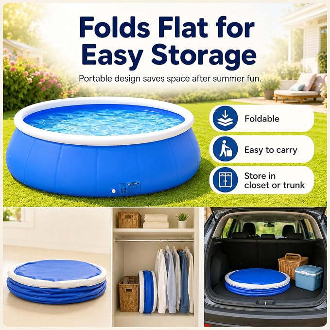 Large Round Inflatable Pool for Kids & Adults, Outdoor Oversized Thickened Family Swimming Pool with Quick Drain & Foldable Mesh Coil Structure, Family Swimming Pool for Backyard