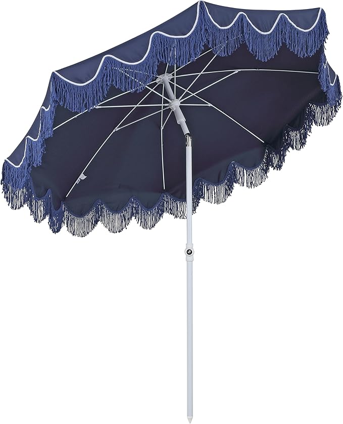 JONATHAN Y Mariner 6.5 ft. Beach Umbrella, Navy Solid with Fringe, Push-Button Tilt, UPF 50+ Sun Protection and Carrying Bag for Patio and Pool, White Pole UMB1005T