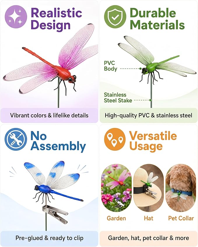 16 Pack Dragonfly Garden Decor, Colorful Metal Dragonfly Wall Art, Hanging Dragonfly Ornaments for Outdoor Indoor Patio Fence Yard Lawn Home Decoration