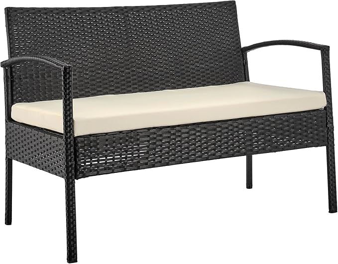 Manhattan Comfort Noli 4-Piece Patio Conversation Set, Outdoor Furniture Made of Steel Rattan | Includes 2 Modern Armchairs, Loveseat, Tempered Glass Coffee Table, Removable Waterproof Cushions, Cream