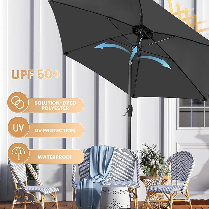 Ayge 7.5FT Large Outdoor Patio Umbrella Market Table Umbrella-UV Resistant, Easy Push Button Tilt and Crank, 6 Sturdy Fiberglass Ribs Heavy-Duty Pool Umbrella for Deck, Backyard,Garden, Yard,Black