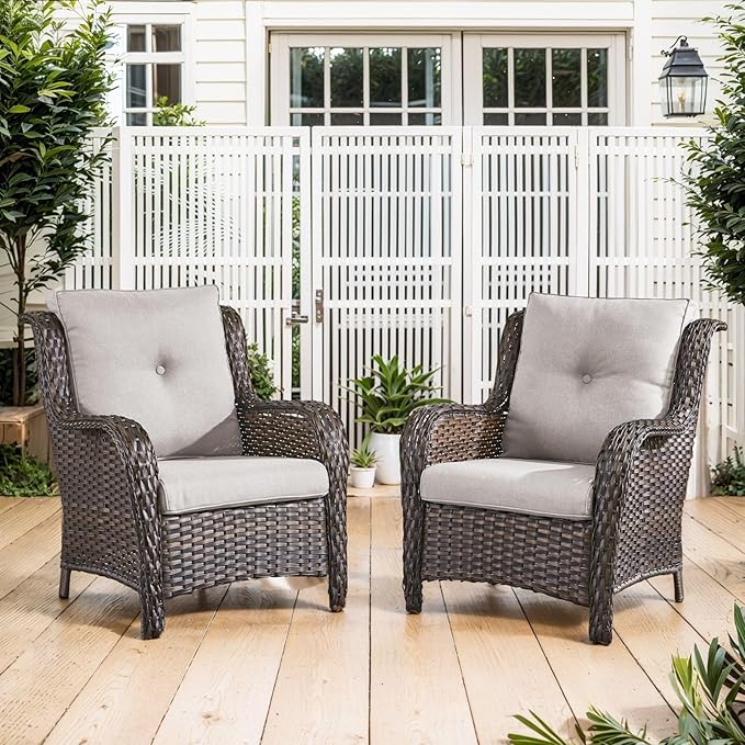 Belord High Back Patio Chairs Set of 2 - Brown Wicker Outdoor Seating, 4" Wide Armrests Rattan Outdoor Club Chairs with Beige Removable Cushion for Deck Porch Backyard