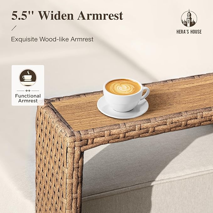 HERA'S HOUSE Patio Sectional Furniture Set, Modular Outdoor Conversation Sets with 5.3" Widened Armrest & 10" Thick Cushion, Low Profile Yellow Wicker Rattan Sofa with 2 Ottomans for Deck Yard Lawn