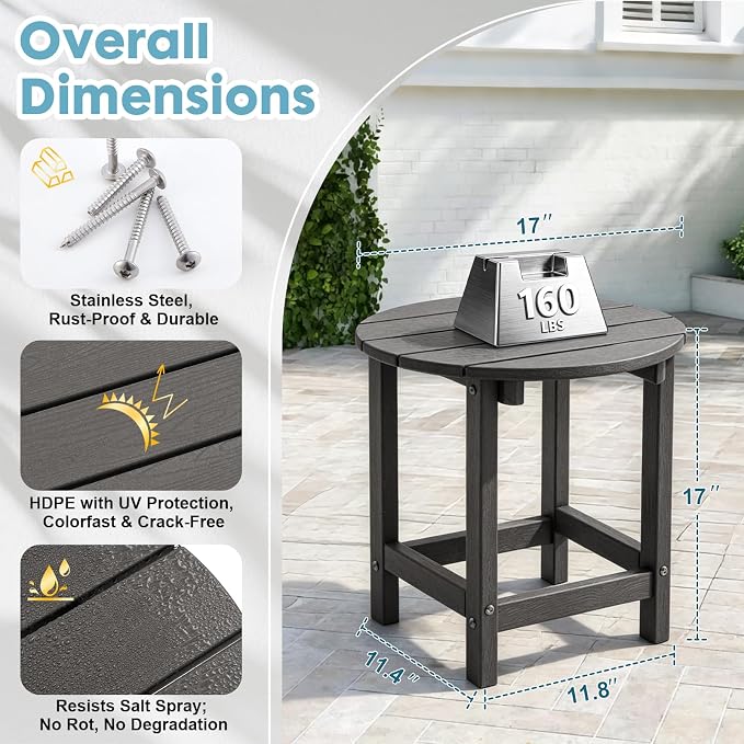 Outdoor Side Table, Adirondack Round 17" Patio Table, Easy Maintenance & Weather Resistant, HDPE End Table for Backyard, Pool, Patio, Porch, Mix-Brown