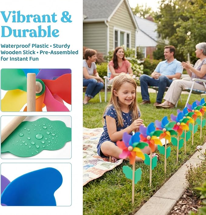 Jucoan 20 Pack Rainbow Pinwheels for Yard and Garden, Colorful Flower Pinwheels Toy for Kids, Plastic Wind Spinners for Outdoor Birthday Party Decor, No Assembly Required