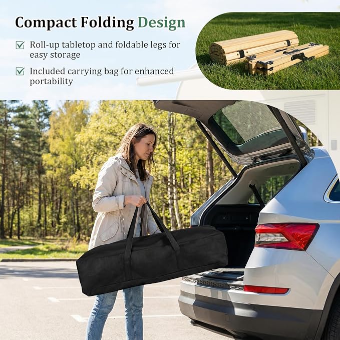 COSTWAY Folding Picnic Table, Portable 4ft Roll Up Camping Table with Storage Bag, for 4-6 People, Low Height Foldable Pine Wood Bench Table, for Indoor & Outdoor Party, BBQ & Hiking