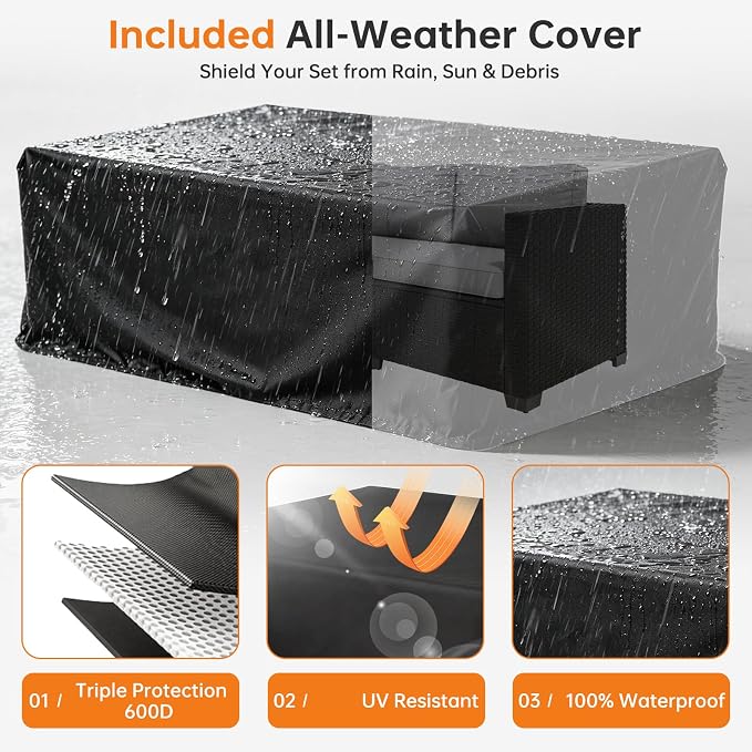 LazySunsets 6-Piece Outdoor Patio Furniture Set, Rattan Outdoor Sectional with Thick Waterproof Cushions, Wicker Ottomans & Waterproof Cover, Patio Conversation Set for Garden, Backyard, Grey