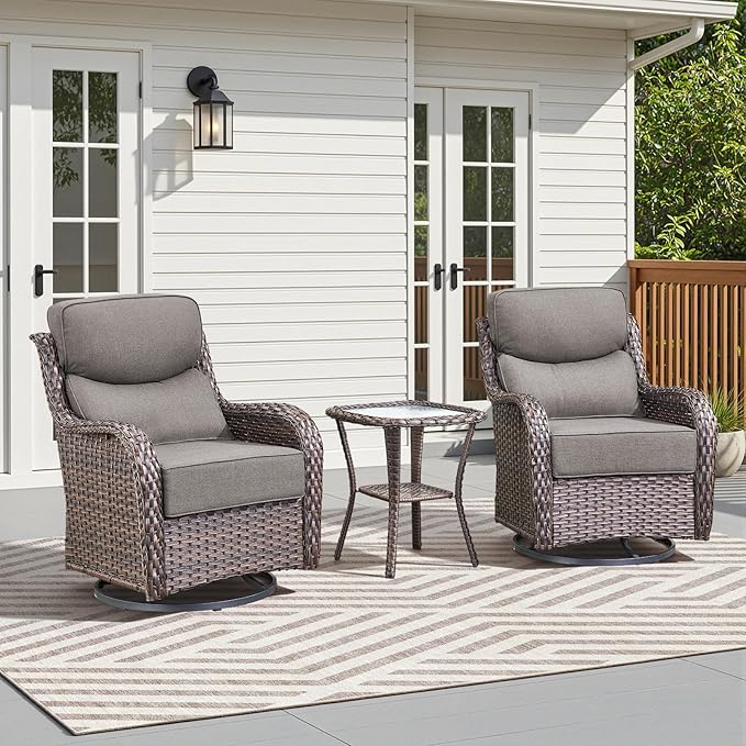 Luxury Outdoor Swivel Rocker Patio Chairs-3 Piece Wicker Patio Rocking Chairs Set of 2 with Glass Side Table 6" Thick Cushions High Back Outdoor Furniture Sets for Deck Porch Balcony(Brown/Grey)