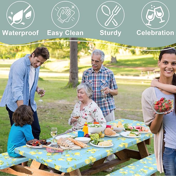 misaya Picnic Table Cover with Bench Cover, Waterproof Elastic Fitted Tablecloth for 8 Foot Tables, Rectangle Washable Polyester Fabric Tablecloths for Picnic, Camping, Outdoor (Lemon, 30" x 96")