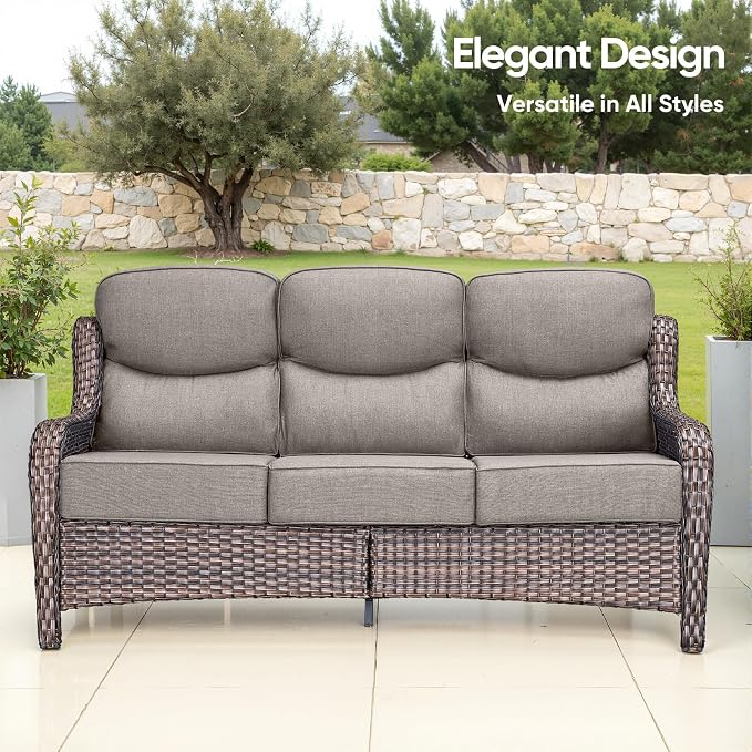 Swivel Patio Chairs sofa Set of 9 with 6" Thick Cushion - Wicker Outdoor Swivel Rocker Patio Chair ,Sofa/Glass coffee table, High Back Comfortable Outdoor Glider Chairs -Brown Wicker | Gery Cushions