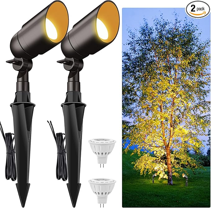 Cheopha 12V Outdoor Low Voltage Landscape Lighting Spotlight, IP67 Waterproof Aluminum Body, Replaceable 4W MR16 LED Bulb (2700K Warm White) for Garden, Lawn, and Yard Lights 2-Pack