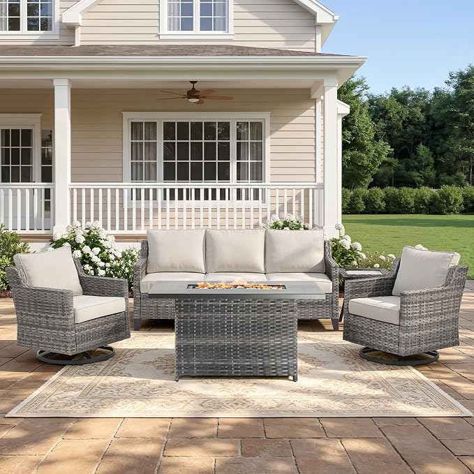 Belord Patio Wicker Swivel Rocker Patio Chairs with 3-Seater Sofa,Outdoor Furniture Set for Deck Porch Garden, 5 Piece Patio Conversation Furniture Set,Beige