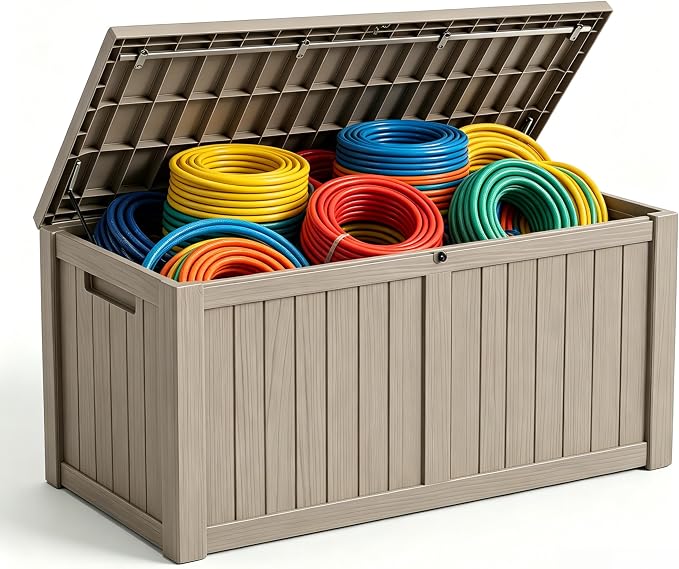 151 Gallon Large Resin Outdoor Storage Box, Waterproof Deck Box, Lockable Deck Container with Reinforced Support, Outdoor Chest for Patio Accessories, Outdoor Cushions, Garden Tools, Taupe Gray
