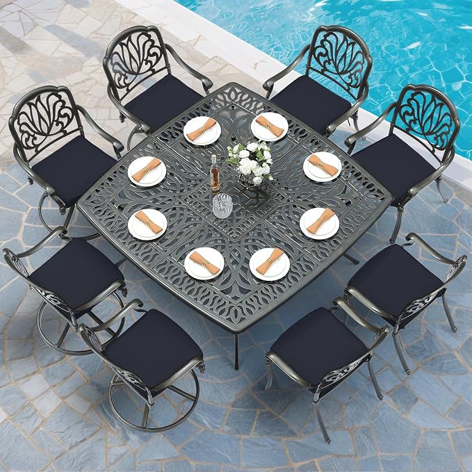 MEETWARM 9-Piece Outdoor Patio Dining Set for 8, All Weather Cast Aluminum Patio Funiture Table and Chairs Set- 64" Square Table and 4 Swivel Rocker Chairs, 4 Stationary, Umbrella Hole, Navy Blue