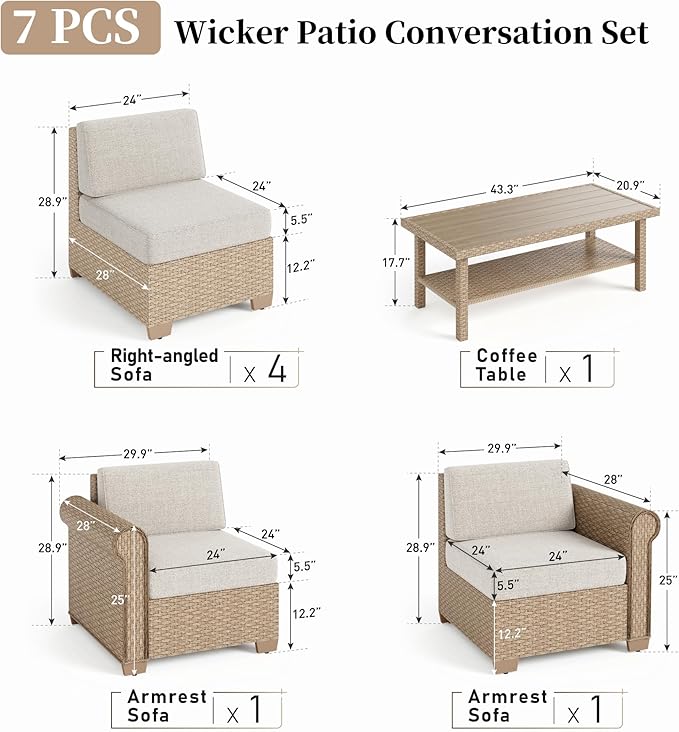 Patio Furniture Set 7 Piece, Wicker Rattan Sectional Sofa Couch with 5.5" Thick Waterproof Cushions and Coffee Table, All weather Modular Outdoor Conversation Set for Lawn Backyard and Deck, Beige
