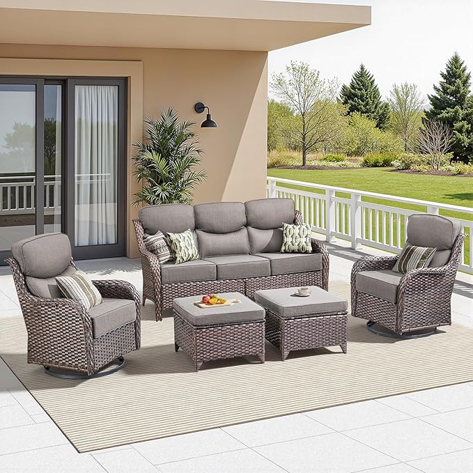 Luxury 5 Piece Patio Furniture Set-All Weather Outdoor Swivel Rocker Chairs with 6" Thick Cushions Multifunctional Ottoman Rattan Patio Conversation Sets for Porch Deck Garden Backyard(Brown/Grey)