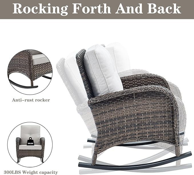 Belord 5 Piece Outdoor Conversation Patio Furniture Set - All-Weather Wicker Patio Rocking Chairs with Loveseat Glider Chair and Coffee Table for Patio Deck Porch Backyard Beige Cushion