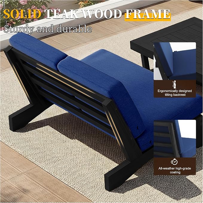 Outdoor Furniture Patio Couch, Weather Resistant Patio Loveseat Sofa Couch with Removable Cushion & Pillows, Black Wood Frame for Porch & Backyard Seating - Navy