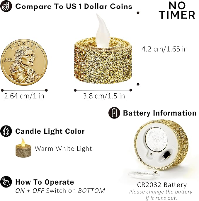 FURORA LIGHTING Gold Glitter LED Tealight Candles Pack of 12, Flameless Flickering Tealight Candles for Home Décor, 1.5’’(W) x 1.65’’(H), Battery Operated