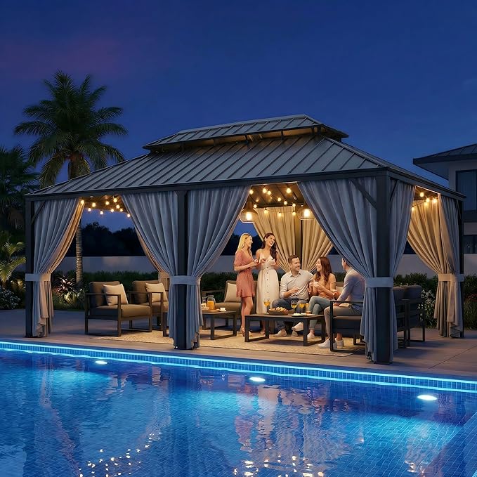 IRONCK 12'x20' Outdoor Hardtop Gazebo, Aluminum Patio Gazebo with Galvanized Steel Double Roof, Patio Pergola with Net and Curtain, Backyard Canopy for Garden, Deck, Black Gray