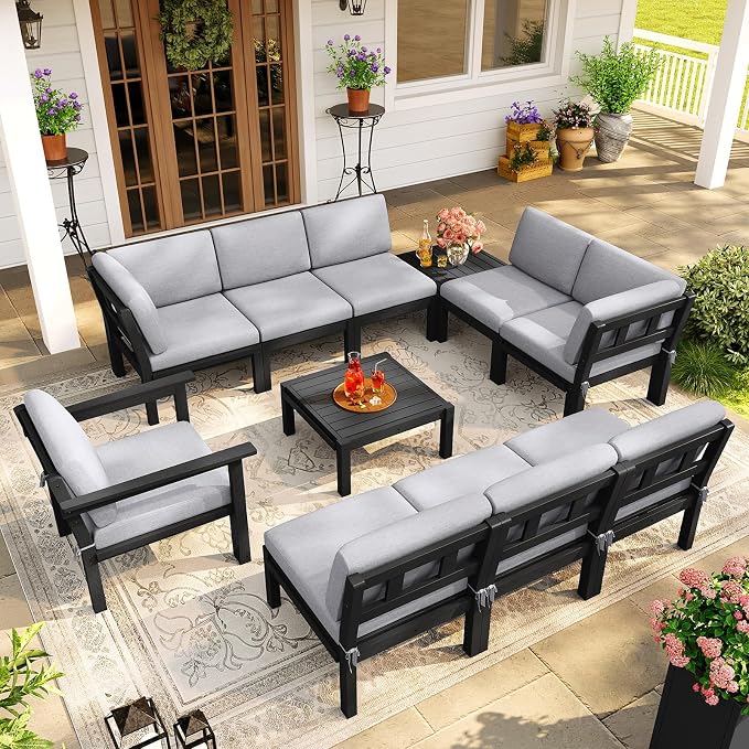 Modular Outdoor Patio Furniture Corner Seat, HIPS All-Weather Outdoor Sectional Sofa with High-Density Thick Cushions, Easy Side Interlock, Patio Seat for Backyard, Balcony, Deck (Black)