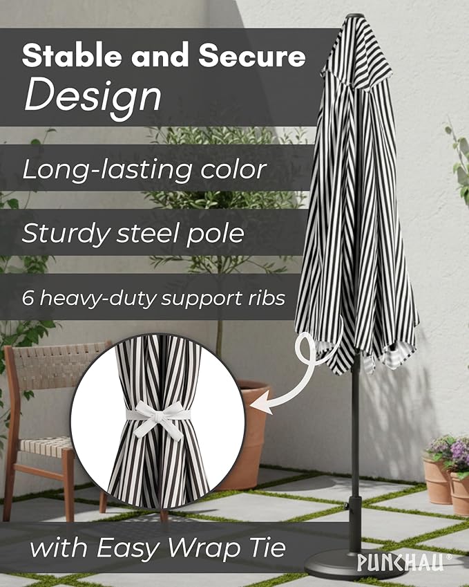 6 Ft Outdoor Patio Umbrella - Outdoor Umbrella for Patio, Pool, Table, Garden, Deck, & Beach - Easy Open/Close Crank and Push Button Tilt Adjustment - Black & White Striped Market Umbrellas