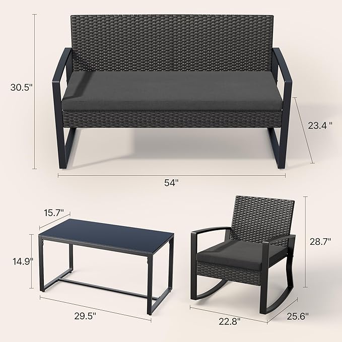 Ahomly 8 Piece Outdoor Patio Furniture Set, Wicker Patio Furniture with Glass Coffee Table, Modern Rattan Rocking Chairs Conversation Set, for Porch, Garden, Lawn,Black Cushion
