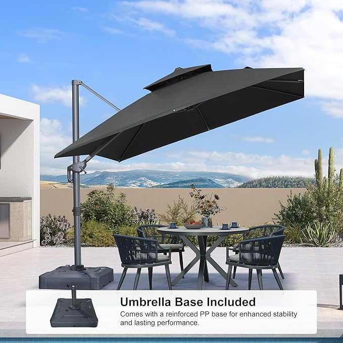 PURPLE LEAF 10 FT Cantilever Patio Umbrella Outdoor Umbrella with 220lbs Base Large Square Windproof Offset Umbrella for Pool Deck Garden, Graphite Grey