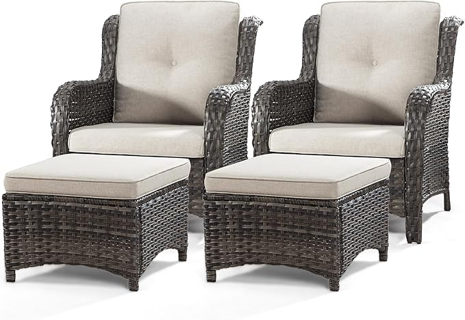 4 Pieces Outdoor Patio Furniture Set Wicker Chairs Set of 2 with Two Ottomans for Backyard, Porch, Balcony(Mixed Grey/Beige)