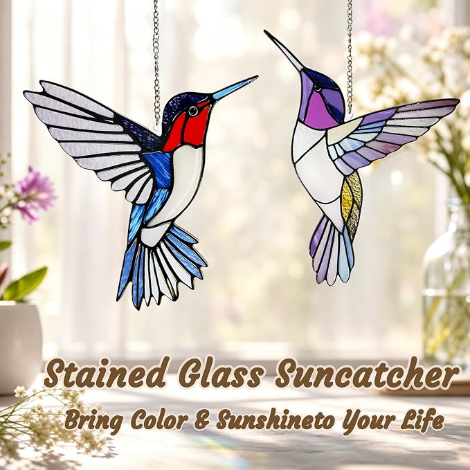 Hummingbirds Suncatcher Stained Glass, Hummingbird Suncatcher Ornament, Hummingbird Suncatcher for Grandma/Mom/Women
