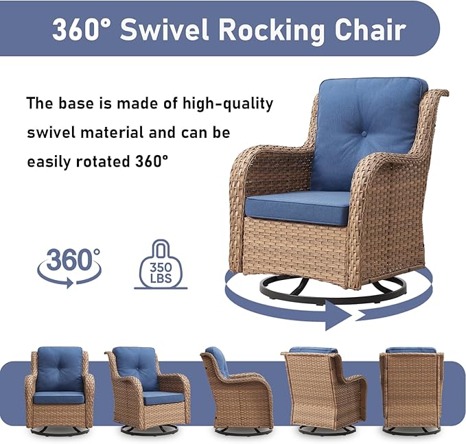 Outdoor Swivel Rocker Patio Chairs-Wicker Patio Swivel Chairs Set of 2 with Side Table PE Rattan Patio Furniture Set for Porch Deck Balcony Garden-Yellow/Blue