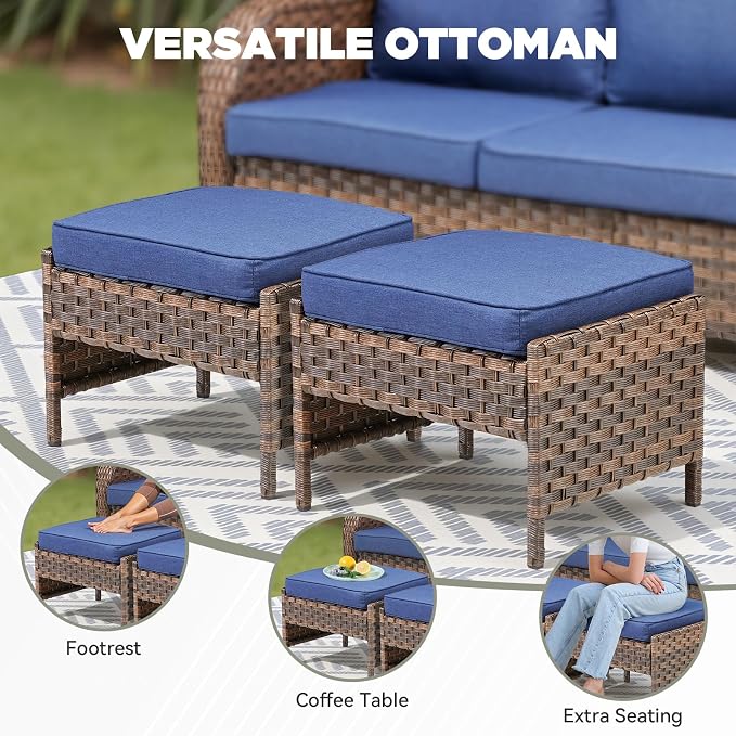 5 PCS Patio Furniture Set, Outdoor Wicker Sofa & 2 Swivel Rocking Chairs with 2 Ottomans, 4-Inch Thick Olefin Cushions, 300 lbs Capacity Rattan Conversation Set for Porch, Backyard, Blue