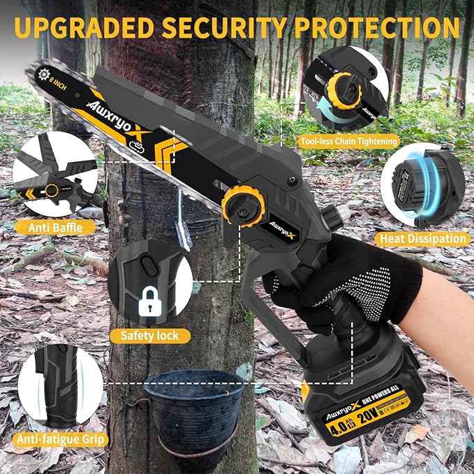 AwxryoX 8" & 6" Mini Chainsaw Brushless, 2026 Upgraded 2x4.0AH Battery Portable Handheld Small Cordless Saw with 4 x Guide Plate, Electric Hand Saw Motosierra for Wood/Tree Cutting Gardening Pruning