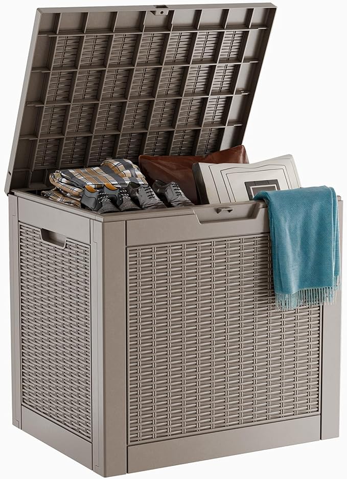 ROJIK 35 Gallon Deck Box Outdoor, Waterproof Outdoor Storage Boxes with Lids, Outside Resin Lockable Storage Box for Patio Cushions, Garden Tools(Grey)