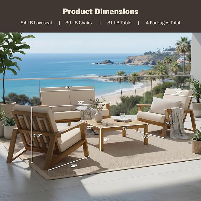 Kinger Home Ezra 4-Piece Deep Seating Teak Wood Patio Furniture Set, Cushioned Loveseat, Armchairs and Coffee Table