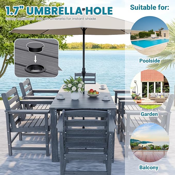 Outdoor HDPE Dining Table Set, 10-Piece Outdoor Dining Table Sets, Wood Grain Patio Furniture Sets with Umbrella Hole for Porch, Backyard, Gray
