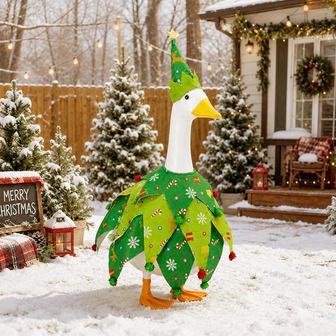 2 Pcs/Set Christmas Tree Porch Goose Outfits, Xmas Geese Clothing Costume Included Hat and Clothes, Green Christmas Goose Statue Costume Accessories for 23" High Porch Statue Holiday Patio Yard Decor