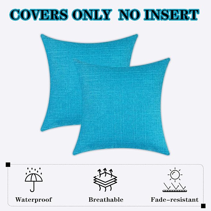 Kevin Textile Outdoor Waterproof 22”x22” Pillow Covers 2 Pack, Peacock Blue | Water Resistant, Soft Faux Linen-cotton Yarn-dyed Woven Texture Throw Pillow Covers for Tent Patio Garden Couch Sofa