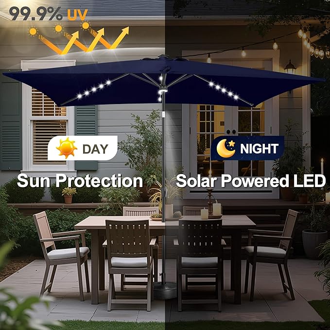 FLAME&SHADE 6.5 x 10 ft Rectangular Solar Powered Outdoor Market Patio Table Umbrella with LED Lights and Tilt, Navy Blue