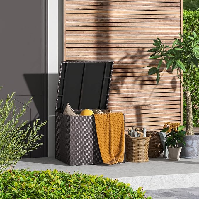 Outdoor Storage Box, 72 Gallon Deck Box Wicker Storage Box with Water-resistant Liner, Built-in Handle & Aluminum Feet, Outside Storage Container for Pillows, Cushions, Garden Tools