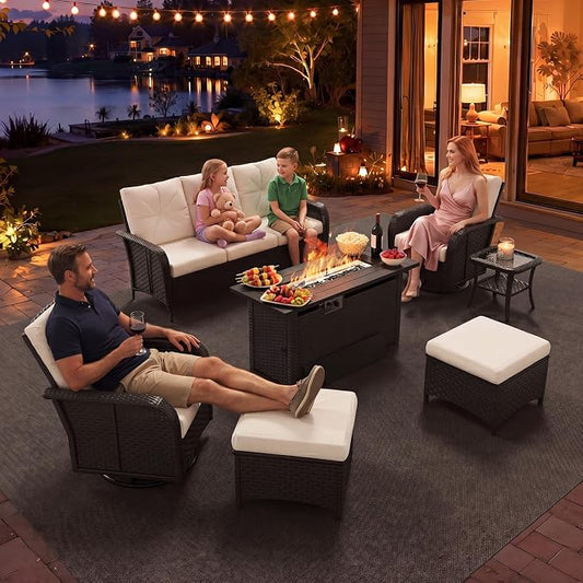 Aoxun 9-Piece Patio Furniture Set with 44” Fire Pit Table, Wicker Outdoor Sectional Sofa with High Back Swivel Rocker Chairs, Outdoor Patio Furniture Set with Thick Cushions & Ottoman, Beige